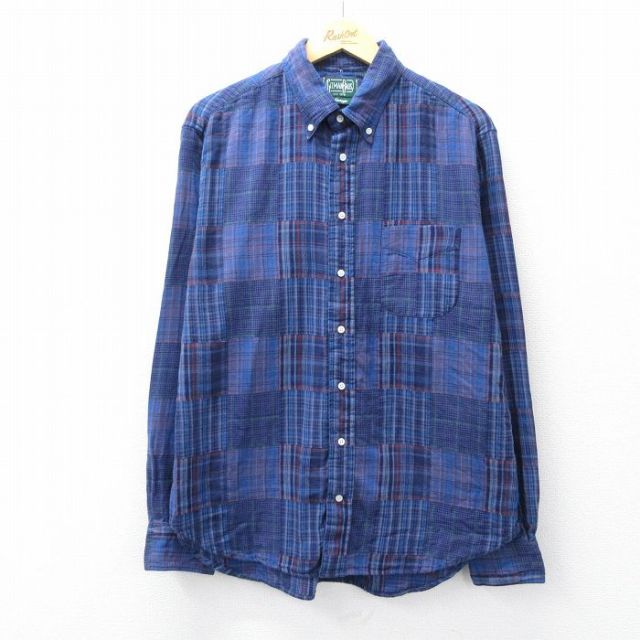 XL★古着 長袖 シャツ メンズ 90年代 90s パッチワーク ボタンダウン USA製 紺他 チェック【spe】 26jan28