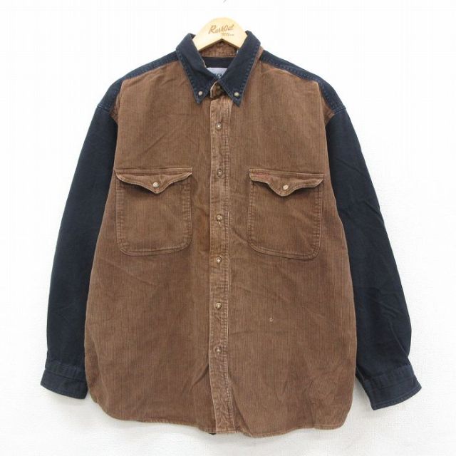 XL★古着 長袖 シャツ メンズ 00年代 00s コーデュロイ ツートンカラー コットン ボタンダウン 茶他 26jan29