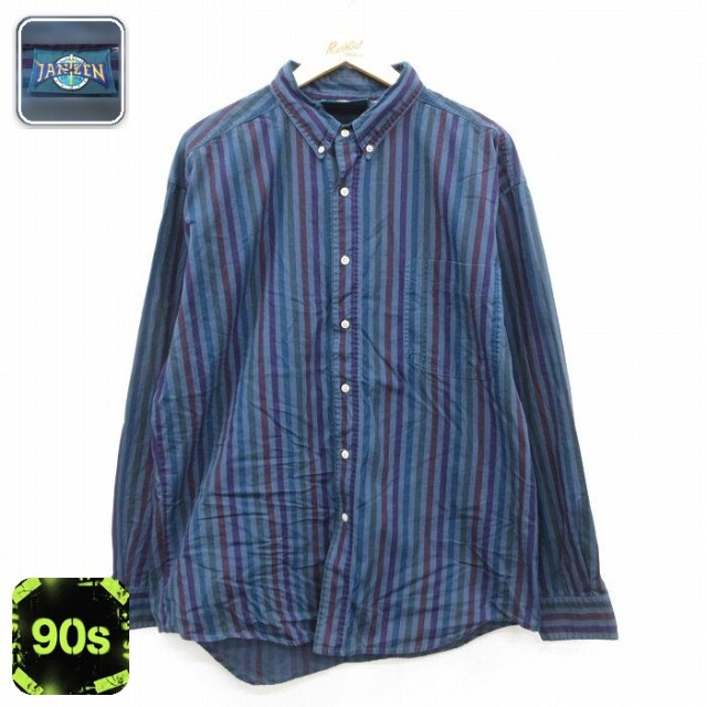 【50%OFF】90s 長袖シャツ ストライプ ネイビー XL | 古着