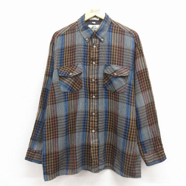 L★古着 バンヒューセン 長袖 シャツ メンズ 90年代 90s ボタンダウン 紺他 チェック 26jan31