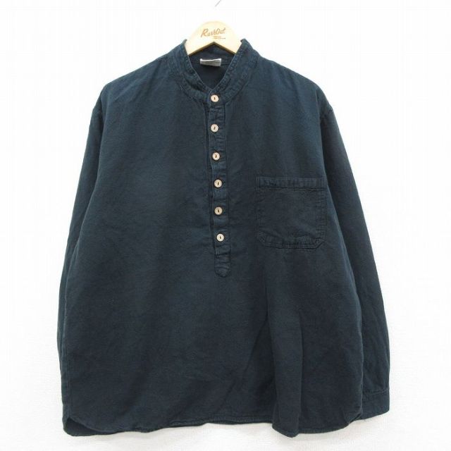 XL★古着 長袖 シャツ メンズ 大きいサイズ コットン ノーカラー USA製 黒系 26feb05