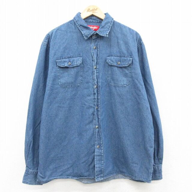XL★古着 ラングラー 長袖 シャツ メンズ 大きいサイズ コットン 紺 デニム 26feb09