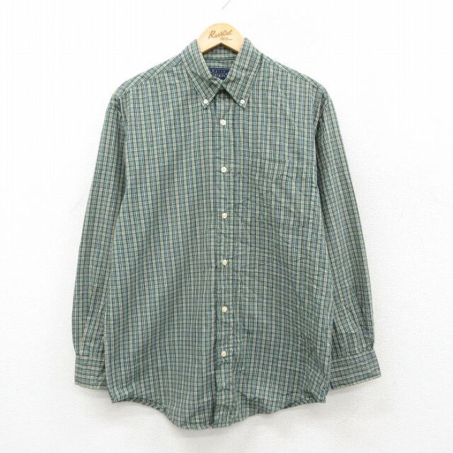 M★古着 ベーシックエディションズ 長袖 シャツ メンズ 90年代 90s ロング丈 ボタンダウン 緑他 チェック 26feb09