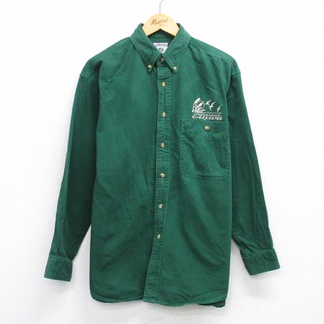 XL★古着 リー Lee 長袖 シャツ メンズ 00年代 00s RIVERKEEPER ロング丈 コットン ボタンダウン 緑 26feb10
