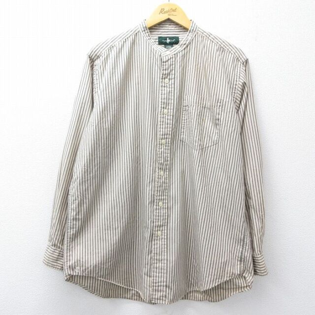 XL★古着 長袖 シャツ メンズ 90年代 90s 大きいサイズ コットン ノーカラー ベージュ他 ストライプ 26feb10