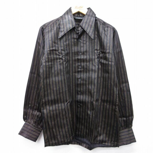 M★古着 キャンパス 長袖 シャツ メンズ 80年代 80s レーヨン 黒他 ストライプ【spe】 26feb12