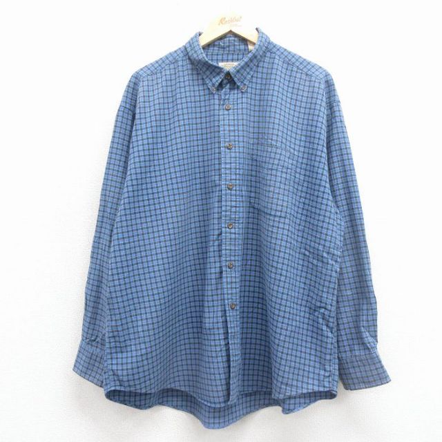 XL★古着 セントジョンズベイ 長袖 シャツ メンズ 00年代 00s 大きいサイズ コットン ボタンダウン 薄紺 チェック 26feb14