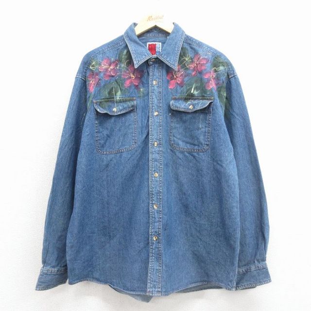 XL★古着 長袖 シャツ メンズ 00年代 00s 花 ハンドペイント コットン 紺 デニム【spe】 26feb14