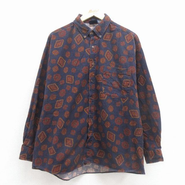XL★古着 長袖 シャツ メンズ 90年代 90s 花柄 コットン ボタンダウン USA製 紺 26feb14