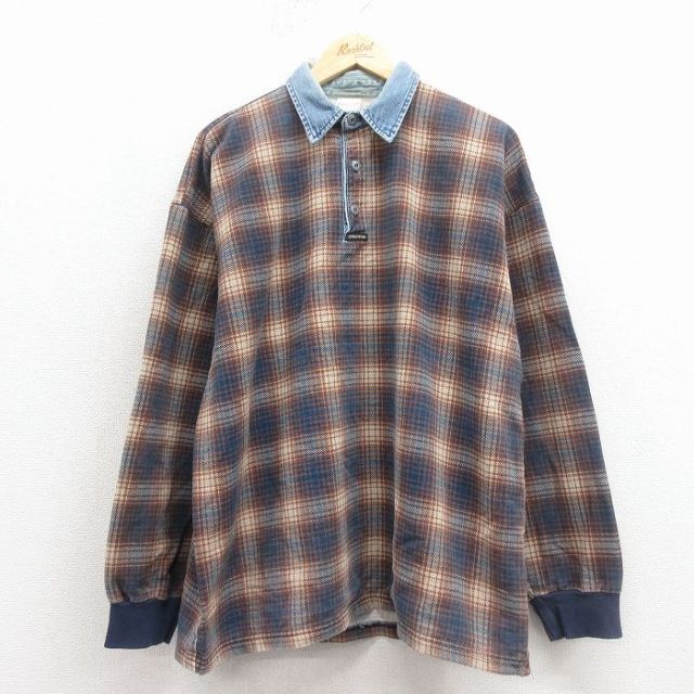 XL★古着 STRUCURE 長袖 ポロ シャツ メンズ コットン USA製 茶他 チェック 26feb16