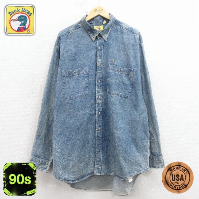【50%OFF】ダックヘッド 90s 長袖シャツ ワンポイントロゴ ネイビー XL | 古着