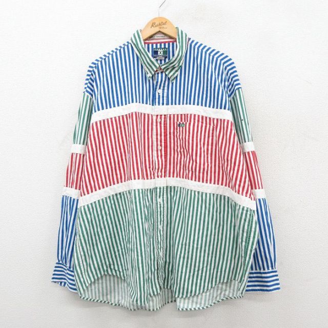 XL★古着 長袖 シャツ メンズ 90年代 90s 大きいサイズ ロング丈 マルチカラー コットン ボタンダウン 緑他 ストライプ【spe】 26feb17