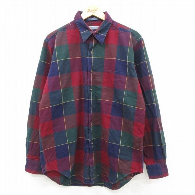 XL★古着 長袖 シャツ メンズ 80年代 80s コットン USA製 エンジ他 チェック 26feb17