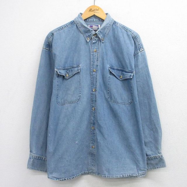 XL★古着 長袖 シャツ メンズ 大きいサイズ コットン ボタンダウン 紺 デニム 26feb27