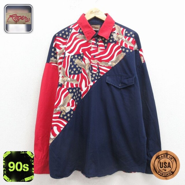 【50%OFF】90s 長袖シャツ 鳥 ネイビー XL | 古着