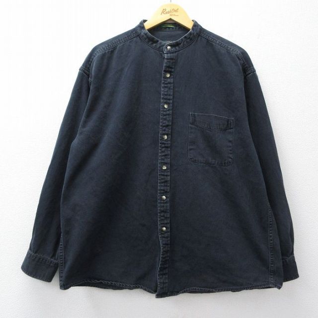 XL★古着 長袖 シャツ メンズ 大きいサイズ コットン ノーカラー 黒 デニム 26feb28