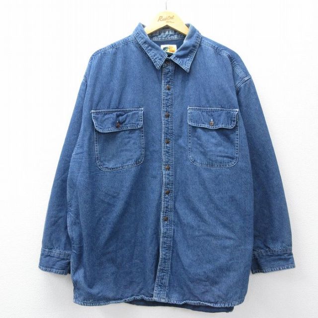 XL★古着 長袖 シャツ メンズ バスプロショップス 大きいサイズ コットン 紺 デニム 内側フリース【spe】 26feb28