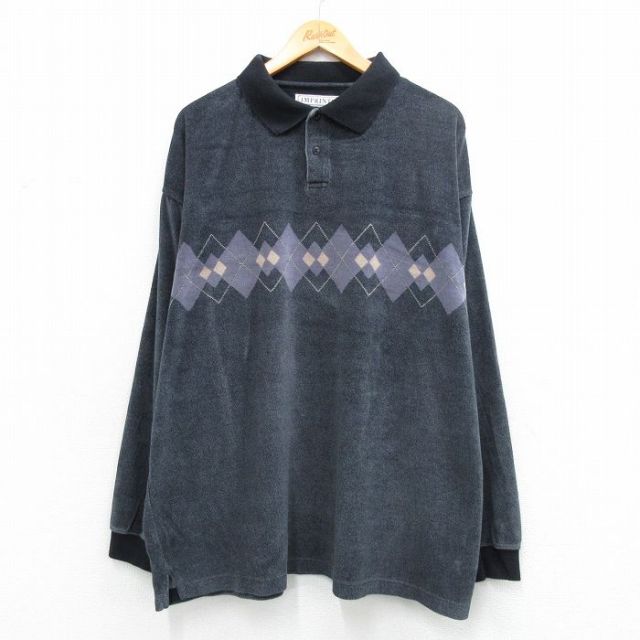 XL★古着 長袖 ポロ シャツ メンズ アーガイル 大きいサイズ 黒系他 26feb28