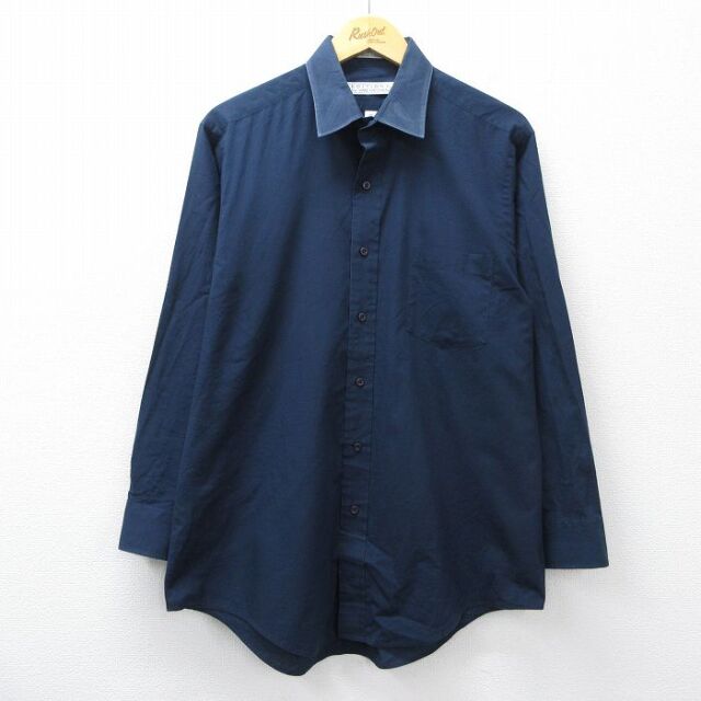 L★古着 バンヒューセン 長袖 シャツ メンズ 90年代 90s ロング丈 紺 26mar04
