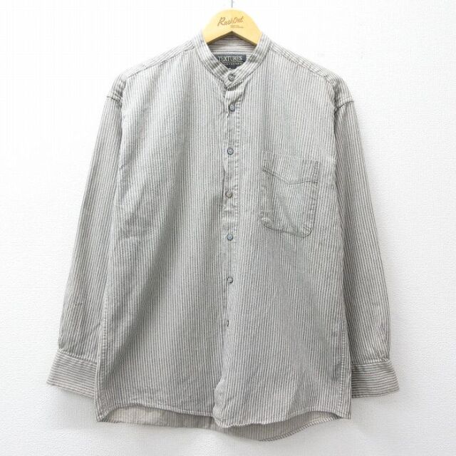 M★古着 長袖 シャツ メンズ コットン ノーカラー グレー系他 ストライプ 26mar05