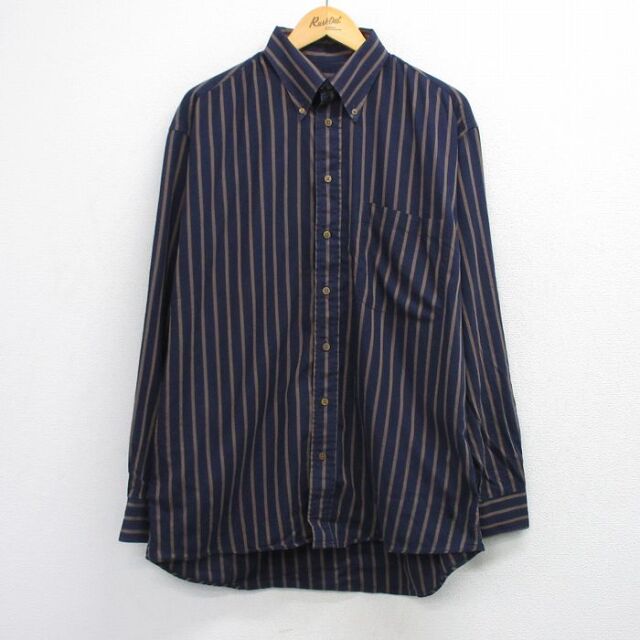 XL★古着 長袖 シャツ メンズ 90年代 90s ロング丈 コットン ボタンダウン USA製 紺他 ストライプ 26mar10