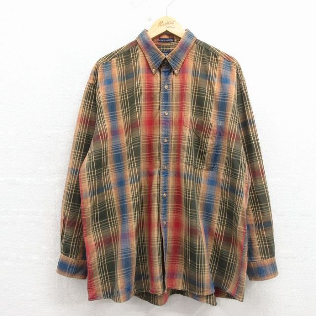 XL★古着 バンヒューセン 長袖 シャツ メンズ 90年代 90s 大きいサイズ コットン ボタンダウン 紺他 チェック 26mar11