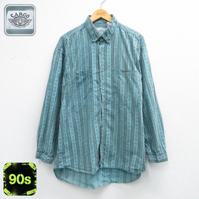 【50%OFF】90s 長袖シャツ ストライプ グリーン L | 古着