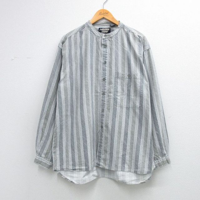 グレーストライプ ノーカラーシャツ XL | 古着