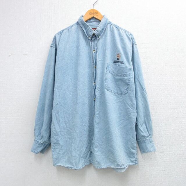 XL★古着 長袖 シャツ メンズ 00年代 00s アラスカ 大きいサイズ ロング丈 コットン ボタンダウン 薄紺 デニム 26mar16