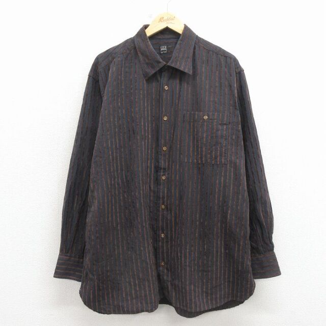 XL★古着 長袖 シャツ メンズ 90年代 90s 大きいサイズ ロング丈 コットン USA製 黒他 ストライプ 26mar16