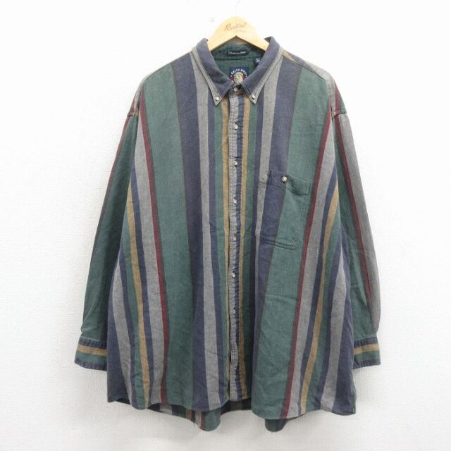 XL★古着 GANT 長袖 シャツ メンズ 00年代 00s 大きいサイズ ロング丈 コットン ボタンダウン 緑他 ストライプ【spe】 26mar17