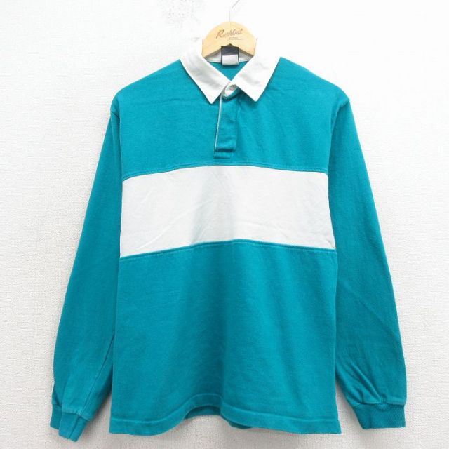 80s 長袖ラガーシャツ ツートンカラー ブルー メンズM相当 | 古着