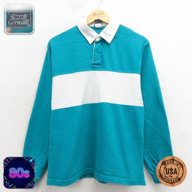 【20%OFF】80s 長袖ラガーシャツ ツートンカラー ブルー メンズM相当 | 古着