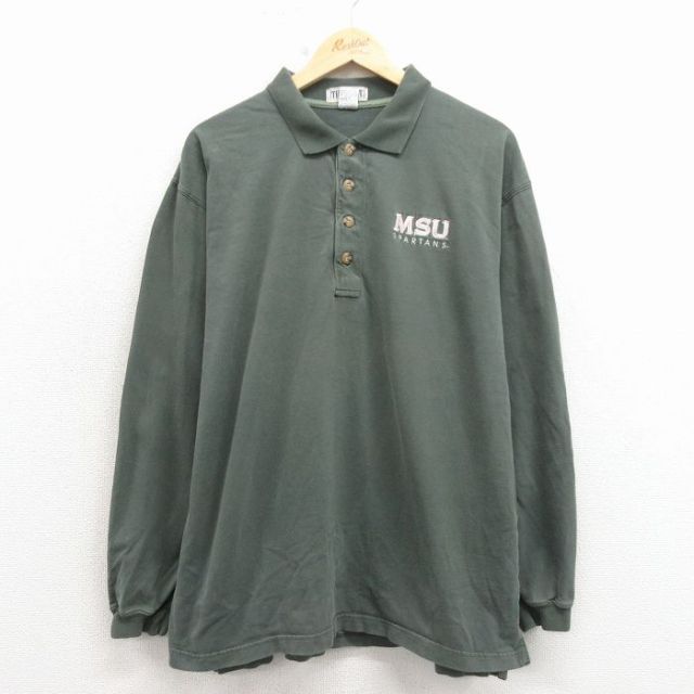 MSU 90s 長袖ポロシャツ グリーン メンズL相当 | 古着