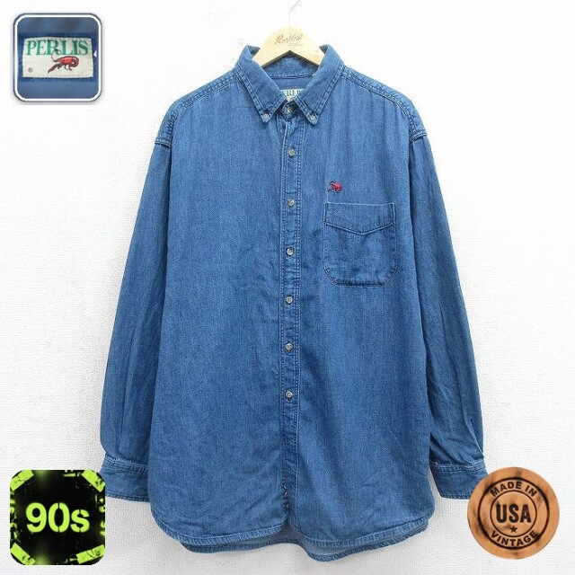 古着通販 XL☆古着 長袖 シャツ メンズ 90年代 90s エビ 大きいサイズ