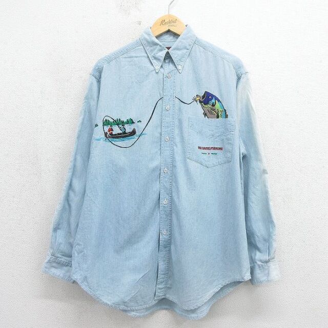 長袖シャツ 魚刺繍 ネイビー メンズXL相当 | 古着