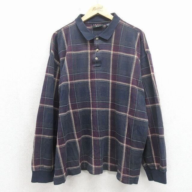 00s 長袖ポロシャツ ネイビーチェック メンズXL相当 | 古着