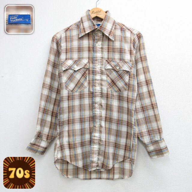 【20%OFF】70s 長袖シャツ チェック ブラウン メンズS相当 | 古着