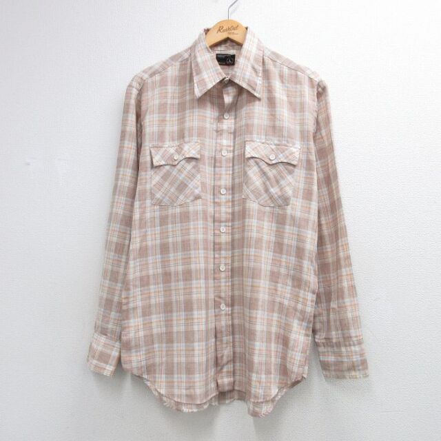 70s 長袖シャツ チェック ベージュ メンズXL相当 | 古着