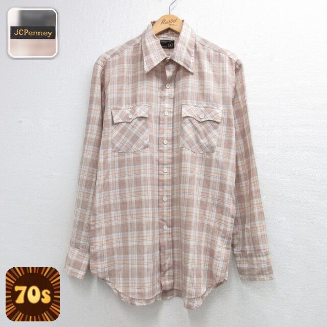 【20%OFF】70s 長袖シャツ チェック ベージュ メンズXL相当 | 古着