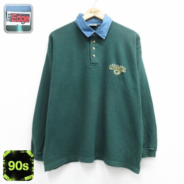 【20%OFF】グリーンベイパッカーズ 90s 長袖ポロシャツ 襟デニム グリーン メンズXL相当 | 古着