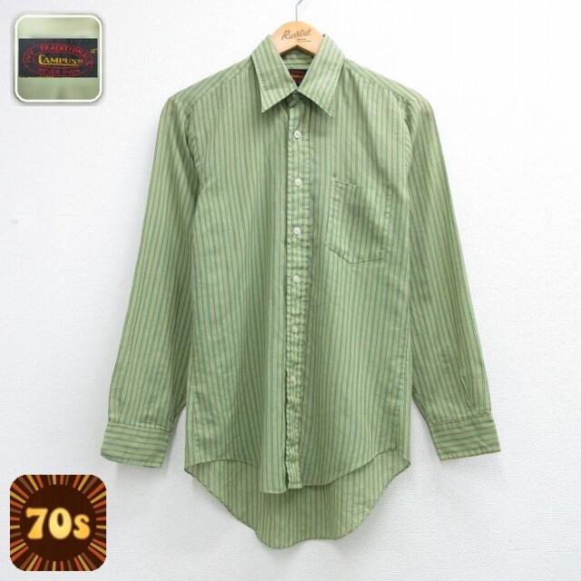 【20%OFF】キャンパス 70s 長袖シャツ ストライプ グリーン メンズS相当 | 古着