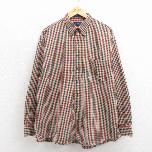 XL★古着 GANT 長袖 シャツ メンズ 90年代 90s 大きいサイズ コットン ボタンダウン ベージュ チェック 26jun24