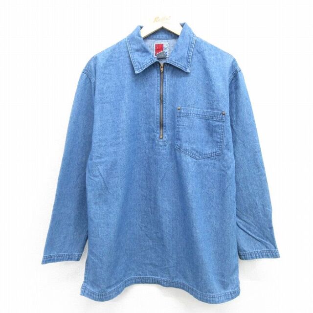 L★古着 長袖 ハーフジップ シャツ メンズ 90年代 90s コットン USA製 ネイビー デニム【spe】 26jul04