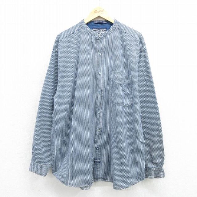 XL★古着 長袖 シャツ メンズ ノーカラー ロング丈 グレー ストライプ 26jul04