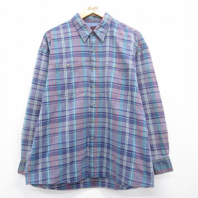 XL★古着 HAGGAR 長袖 シャツ メンズ コットン パープル チェック 26jul31