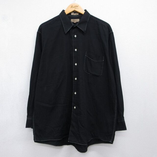 XL★古着 長袖 シャツ メンズ 大きいサイズ ロング丈 ブラック 26jul31