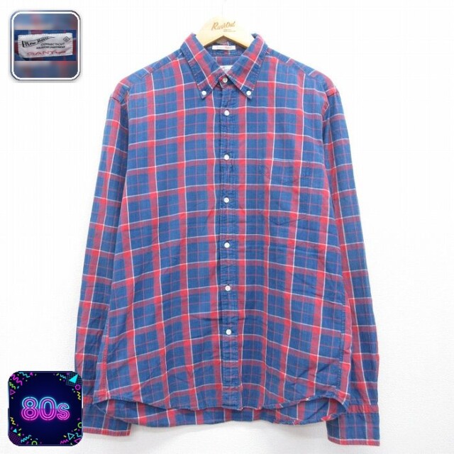 GANT 長袖 シャツ 80s コットン ボタンダウン ネイビー チェック メンズL相当 | 古着