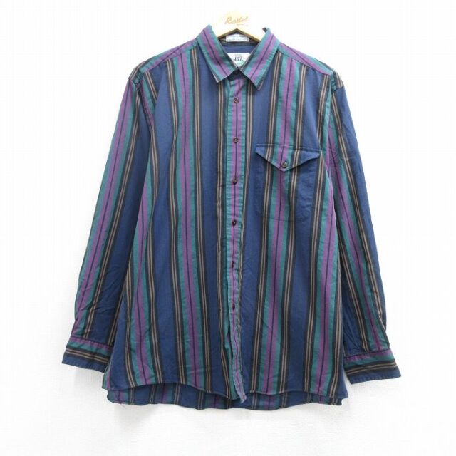 バンヒューセン 90s 長袖シャツ ストライプ ネイビー メンズXL相当 | 古着