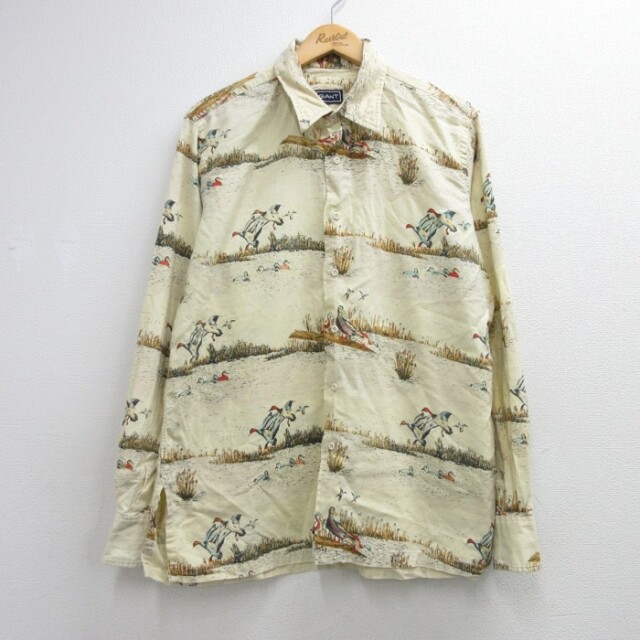 GANT 長袖 シャツ 90s 鳥 ダック ハンティング 総柄 オフホワイト メンズL相当 | 古着